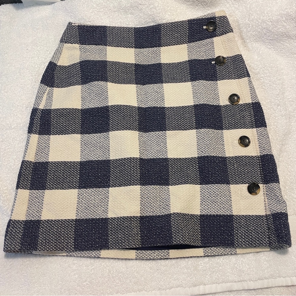 Ann Taylor Blue Beige Plaid Amber Button Skirt